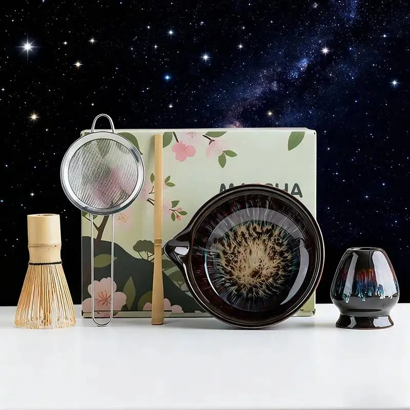 5PCS New Starry Sky Sand Gold Glaze Matcha Set, Matcha Ceramic Bowl, Bamboo Tea Whisk, Durable And Easy-To-Clean Tea Set