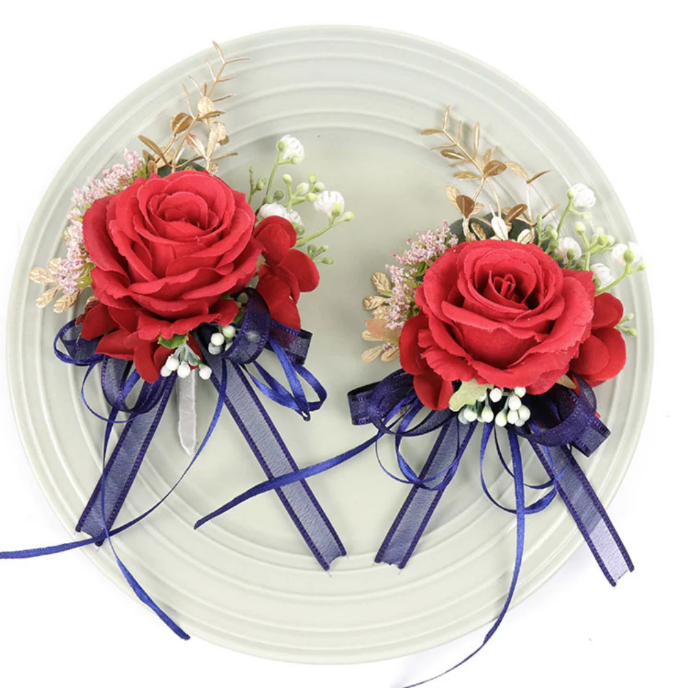 Künstliche rote Blumen Hochzeit Bouton nieres für Brautjungfer Männer Corsage Handgelenk Hochzeits blumen für Gäste Pins Braut Abschluss ball Dekor