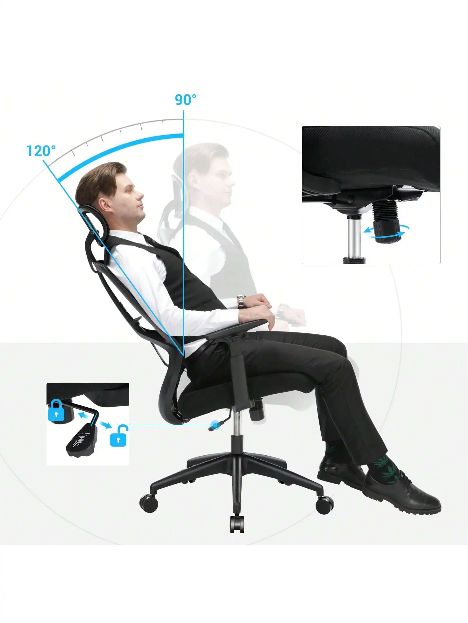 SONGMICS sedia da ufficio, sedia ergonomica, sedia da scrivania con supporto lombare, meccanismo di inclinazione, braccioli regolabili e