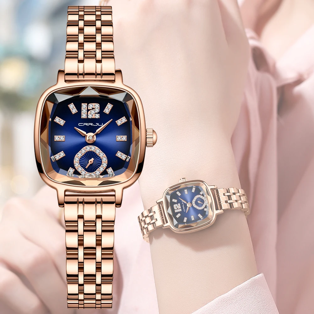 CRRJU Fashion Women\'s Dress Wristwatches Luxury Square Quartz with Rhinestones Relogio Feminino