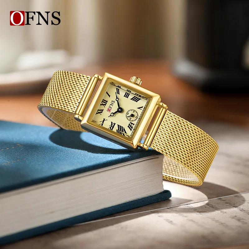 ساعة OFNS 1503 ريترو مربعة صغيرة راقية للأزياء النسائية، ساعة كوارتز نسائية فاخرة بمقياس روماني، مقاومة للماء وبسيطة
