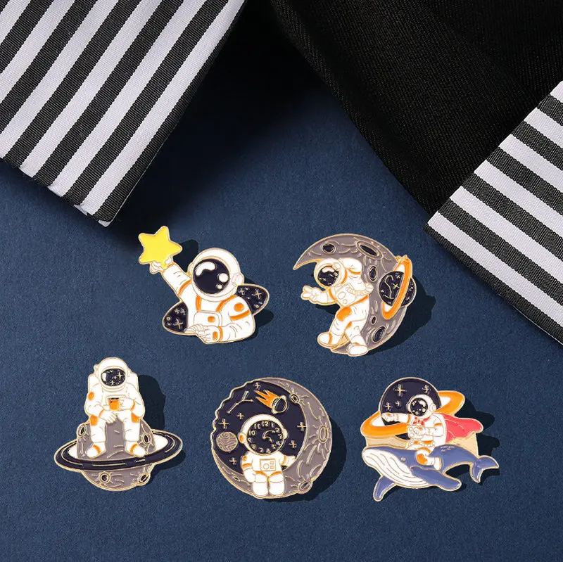 Planet Rocket Whale Star Moon Galaxy Coffee Metal Brooches Badges Pins up Gift for Space Lover Astronaut Enamel Pins