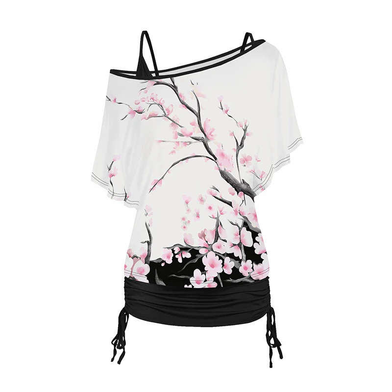 Dressfo 2024 Women\'s Shirts Tops Sets Plum Blossom Print Oblique Shoulder T-shirt And Cinched V Neck Camisole Two Piece Set