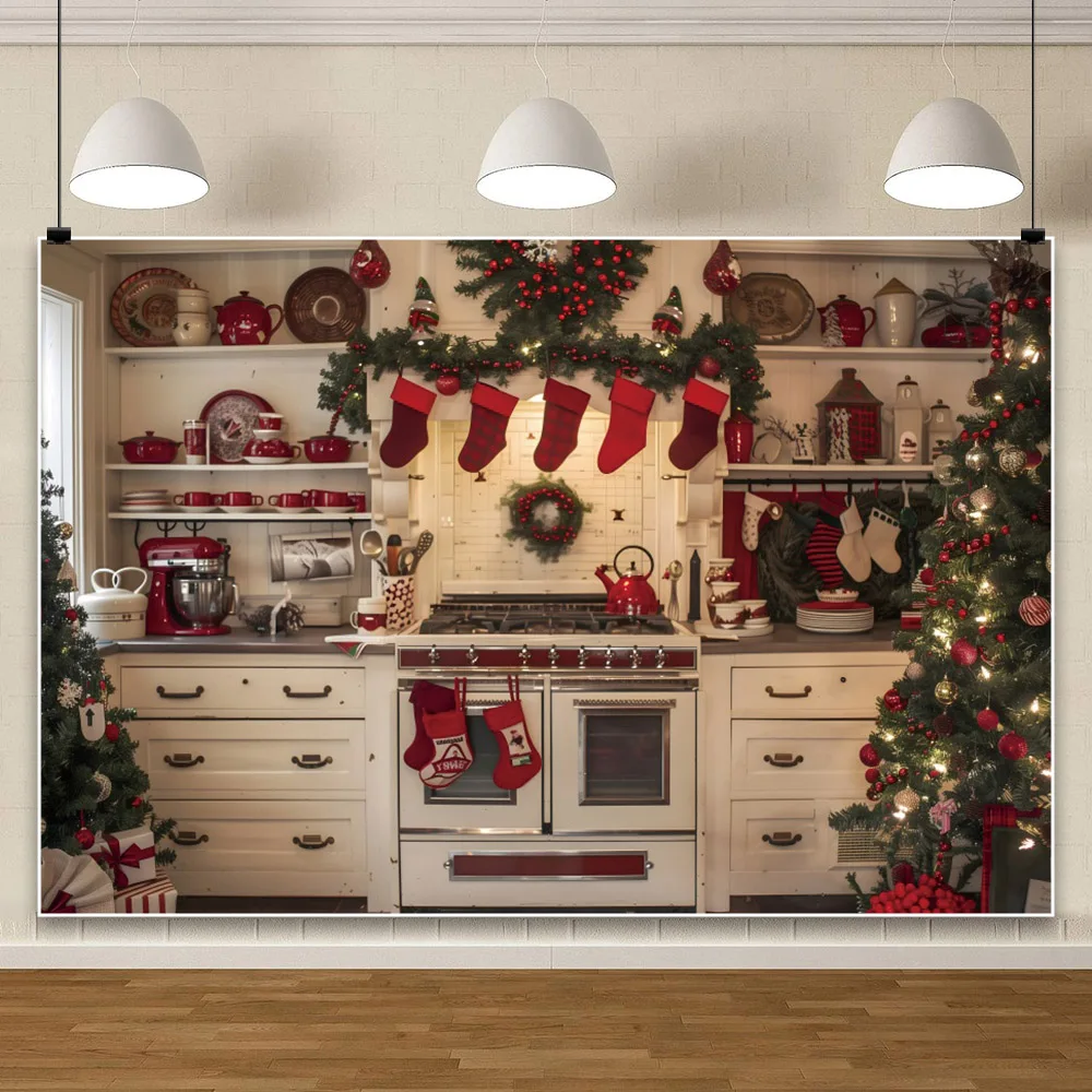 Beige Christmas Kitchen Photography Backdrop Vintage Wooden Cabinet Xmas Tree Cupboard Family Party Baby Portrait Background