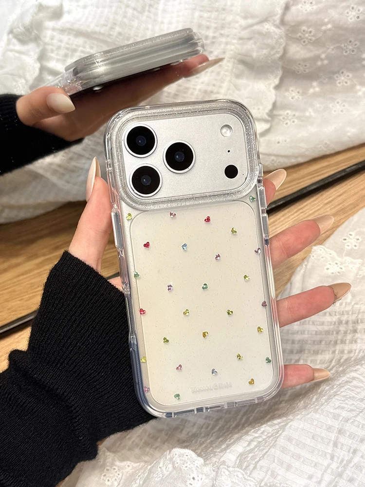 Ins beliebte glitzernde glänzende Liebesherz transparente harte rückseitige Abdeckung für iPhone 17 Pro Max 16 13 15 14 Pro Max stoßfeste Handyhülle