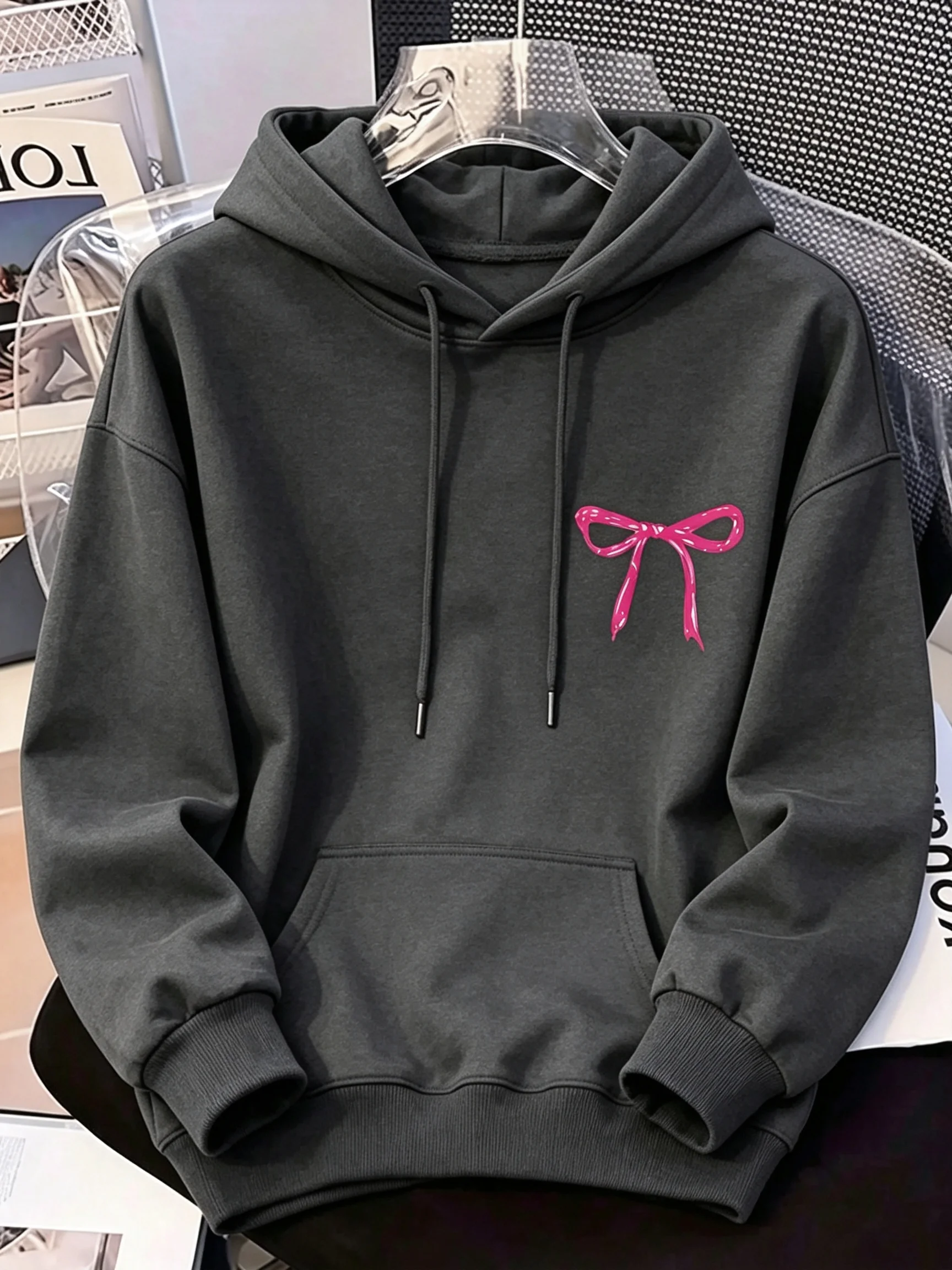 2026 New Y2K Pink Ribbon Pattern Printed Sweatshirt - Casual Trendy Comfortable Long-Sleeved Hooded Shirt sweatshirt hoodie