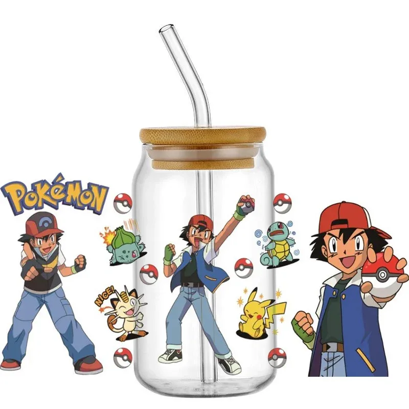

16oz 3D Waterproof UV DTF Coffee Can Wrap Pokemon Ash Ketchum Best Friend Libbey Glass Wrap Wholesale