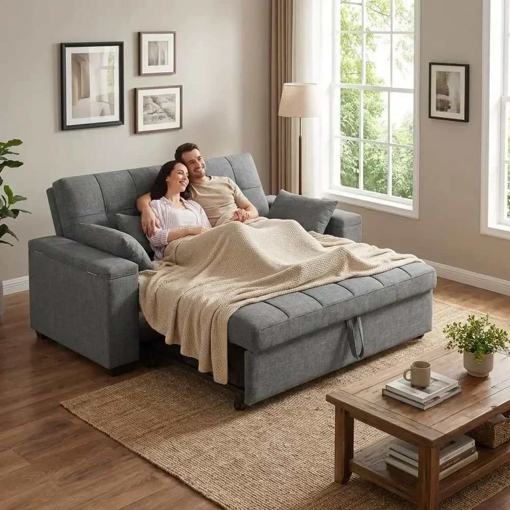 Convertible Sofa Bed with Storage, 63.6 Pull-Out Couch, Adjustable Backrest, Linen Sleeper for Small Living Spaces