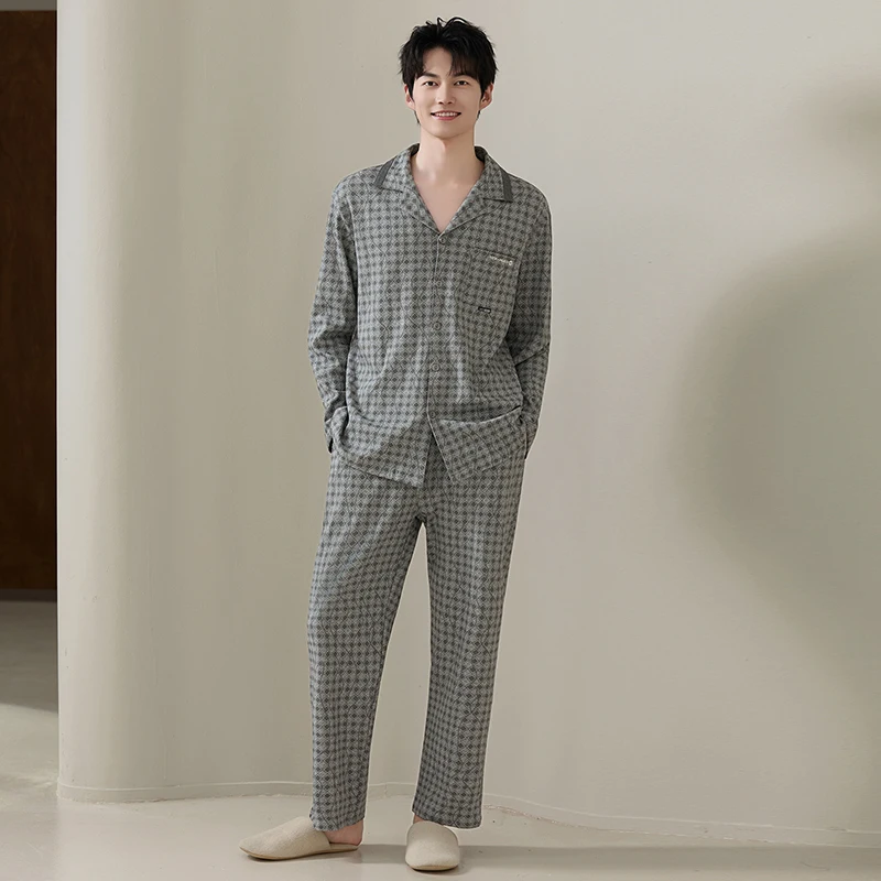 Big Size L-5XL Spring and Autumn Men Pajamas Set Knited Cotton Sleepwear Male Long Sleeve Plaid Pyjamas