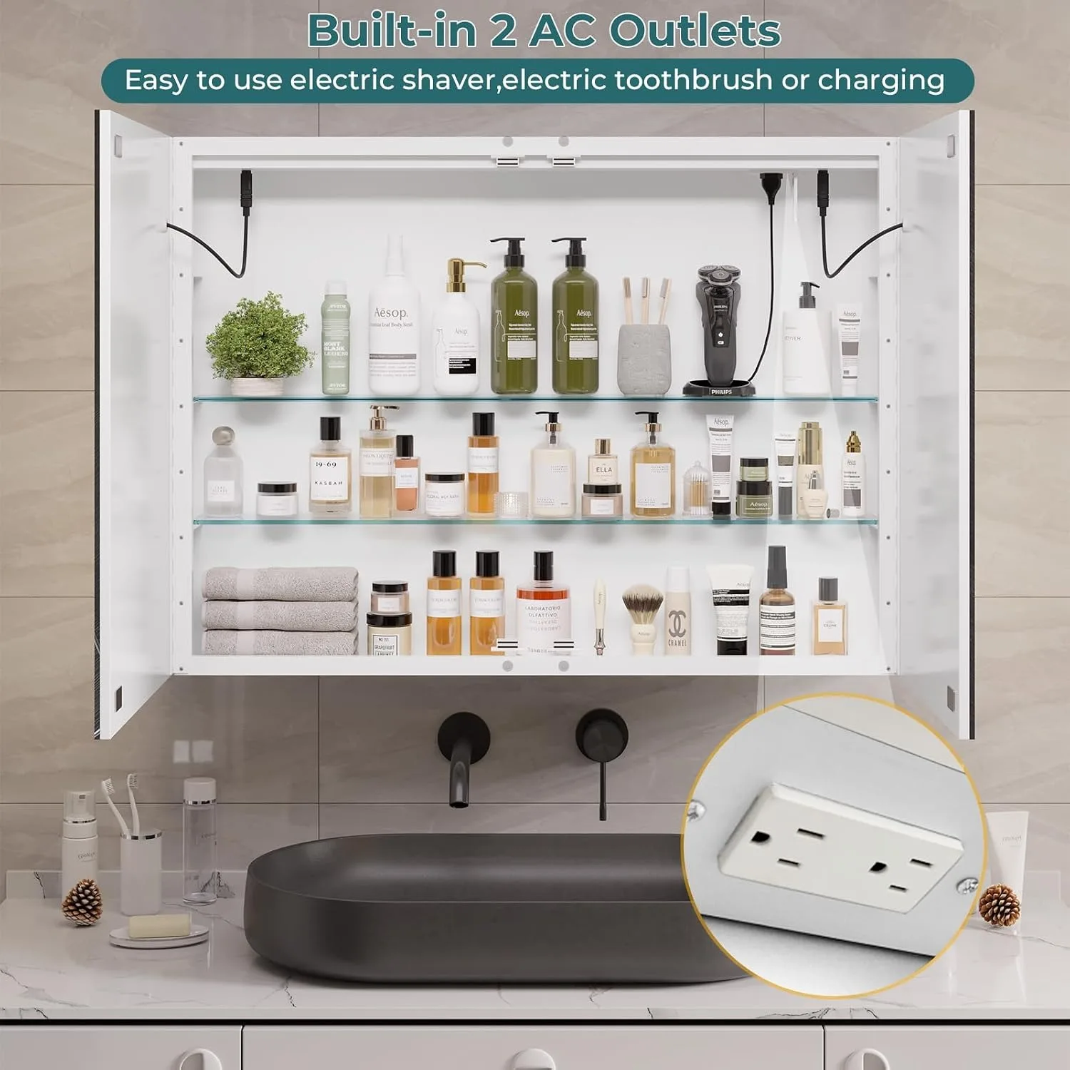 Bathroom Medicine Cabinet with Mirror and LED Light, Wall Mounted Bathroom Mirror with Storage, Customized image 5