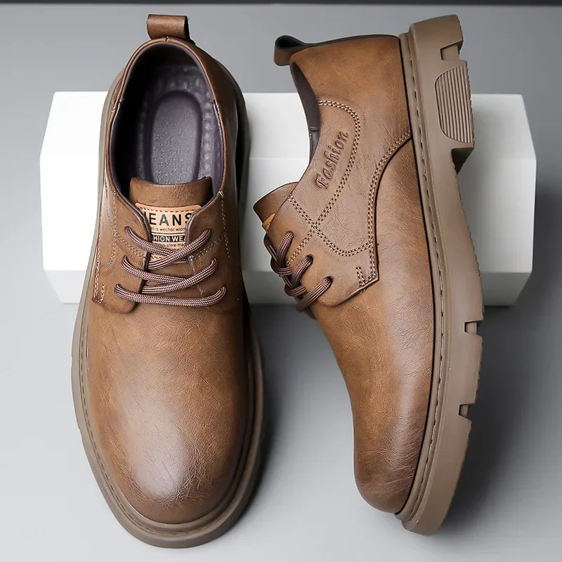 Cow Leather Autumn Platform Shoes for Men Fashion Casual New Designer Derby Shoes Male Low Top Work Ankle Boots Men - Image 2