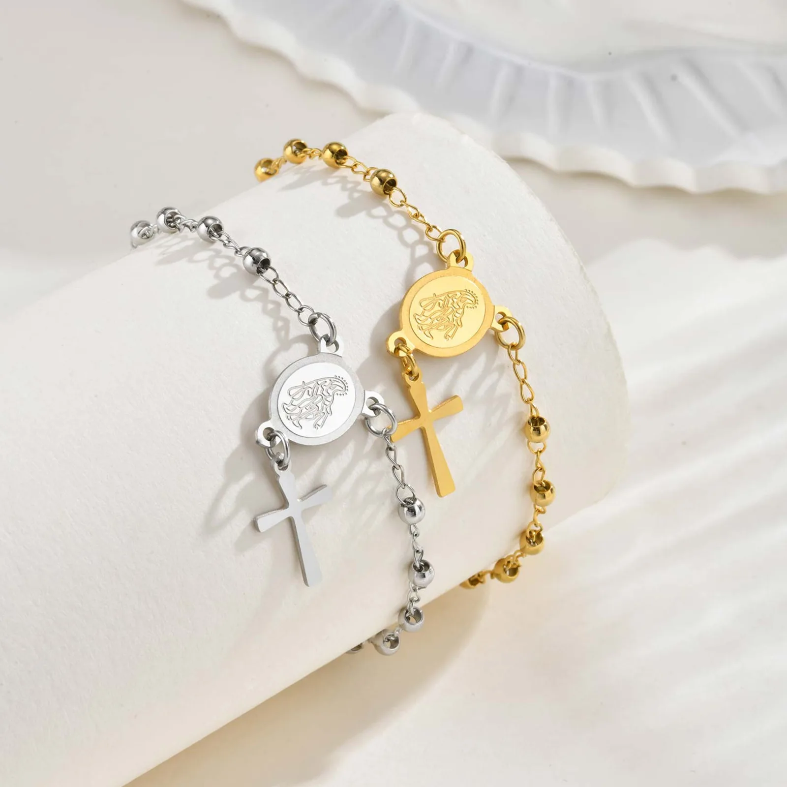 

Vnox Christ's Prayer Beads Chain Bracelets For Women Stainless Steel Virgin Mary Cross Pendant Gold Silver Color Jewelry Daily
