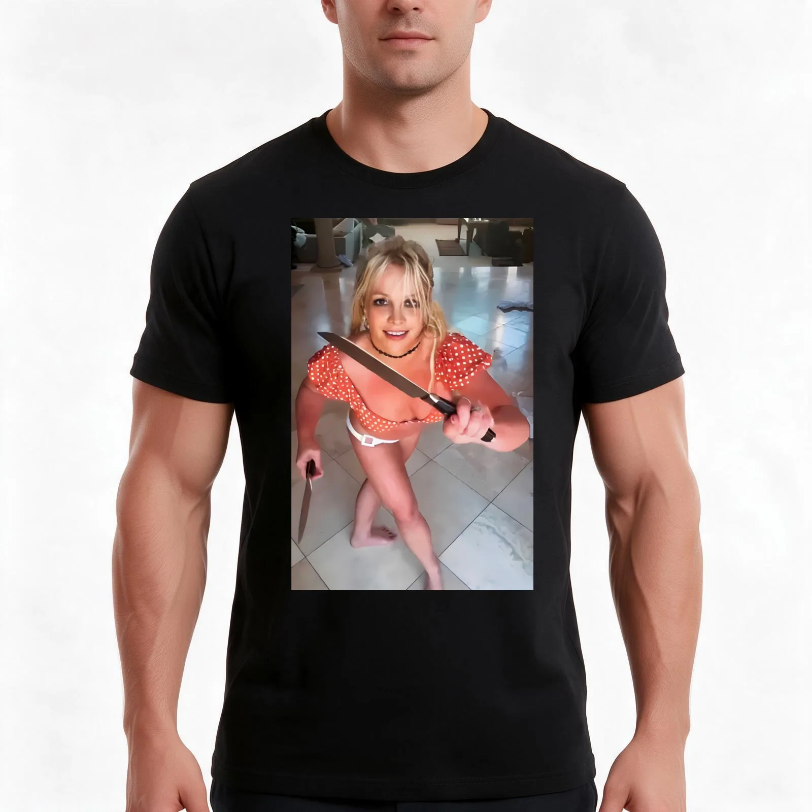 Britney knives 2 T-Shirt, Summer Casual Cotton Tee, Oversized Streetwear Tops, Vintage Graphic Print, Loose Fit Short Sleeve