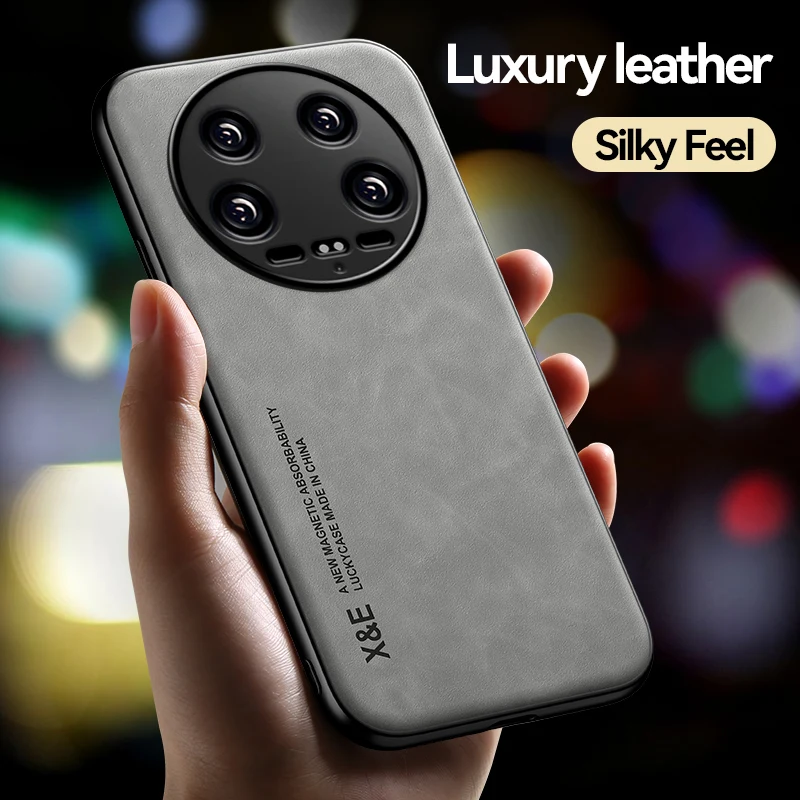 Luxury Magnetic Car Holder Leather Phone Case For Xiaomi 14 ultra   Silicone Protect Back Cover
