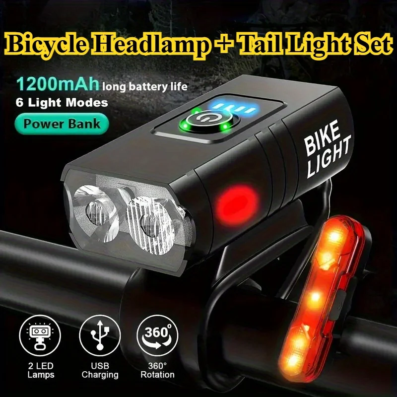 2 New Led Bicycle Lights 1000Lm USB Charging Power Display Mountain Bike Front Light Flashlight Cycling Equipment Plus Bicycle Tail Light Set