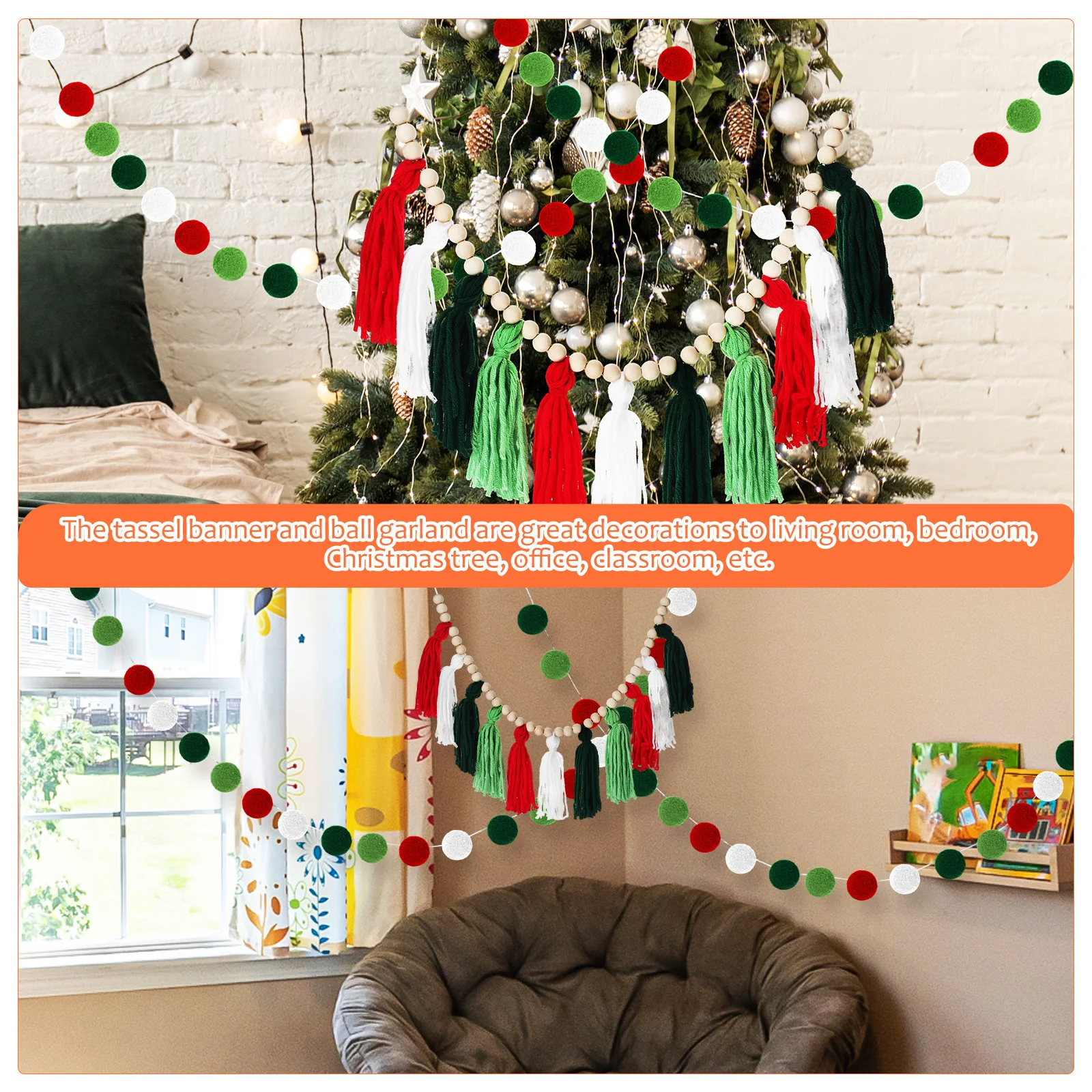 

1Set Wall Decor Tassel Garland Pompom Ball Banner Room Hanging Decoration Soft Texture Boho Tassel String Party and Classroom