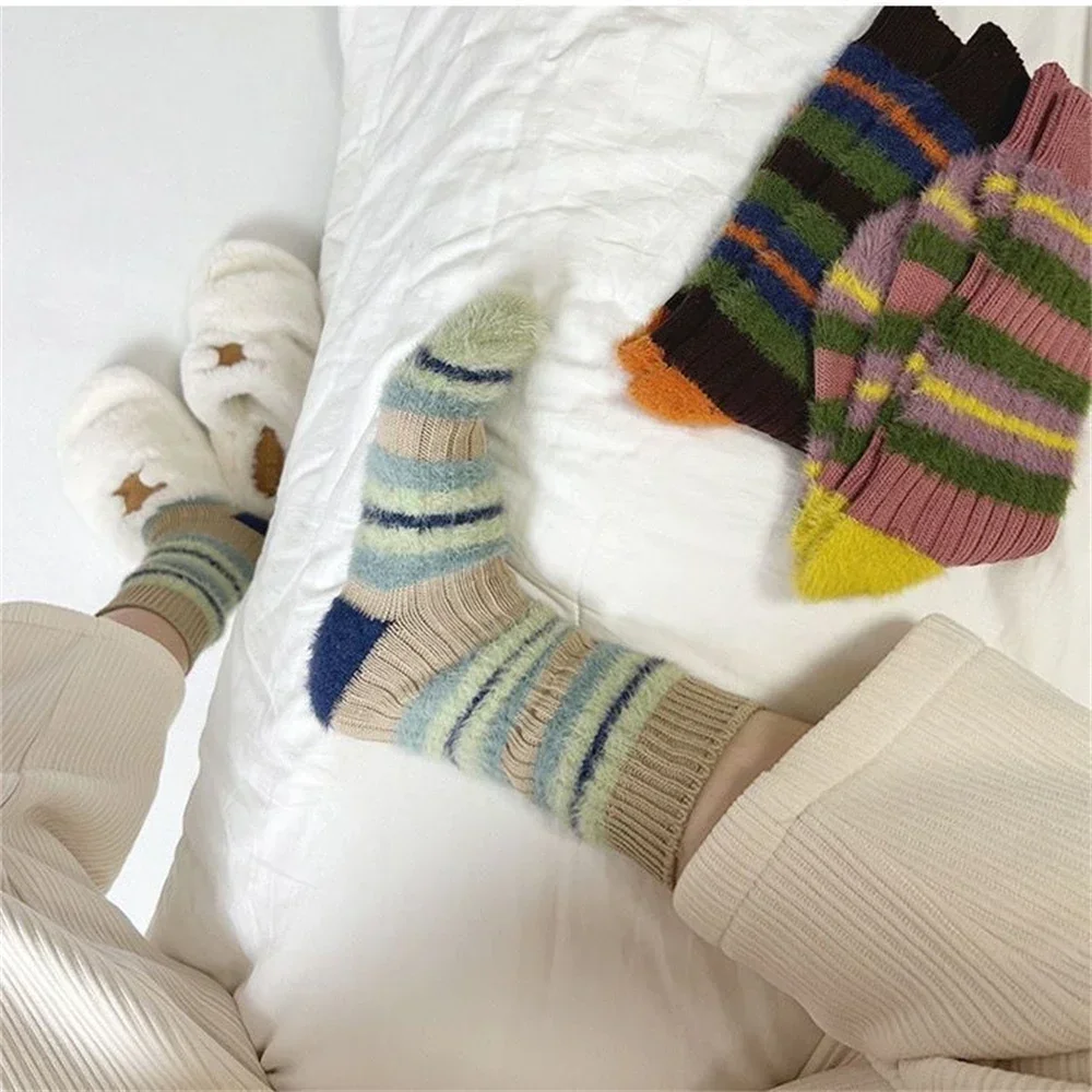 New Autumn Winter Warm Thick Stripes Socks Women's Color Contrast Imitation Mink Plush Sweet Sokken Dropship