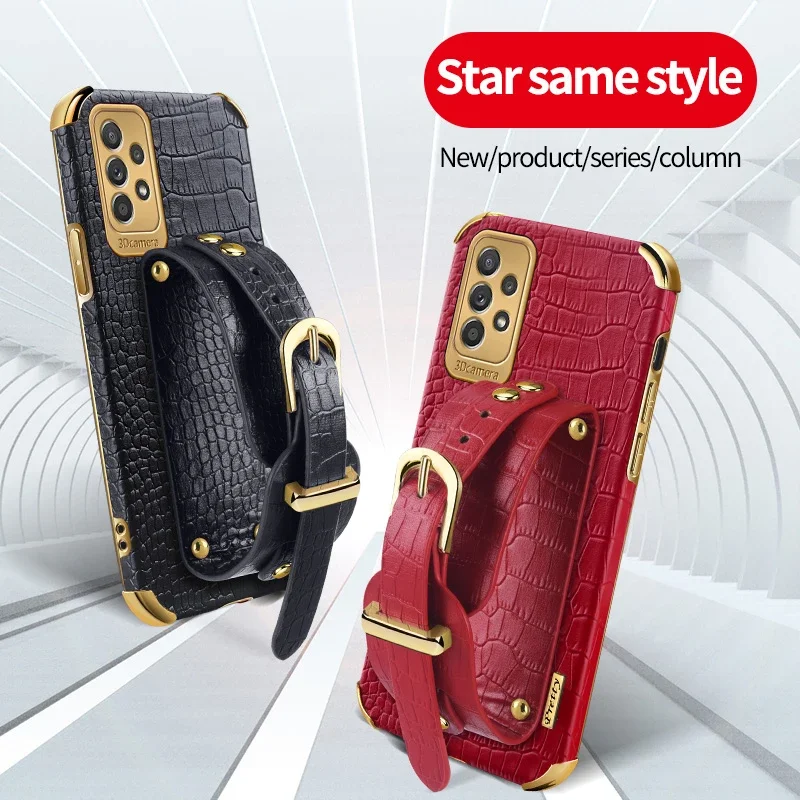 

Мягкий чехол для телефона из крокодиловой кожи с ремешком на запястье для Samsung Galaxy A72 A71 4G A73 5G A70s с силиконовым чехлом-подставкой