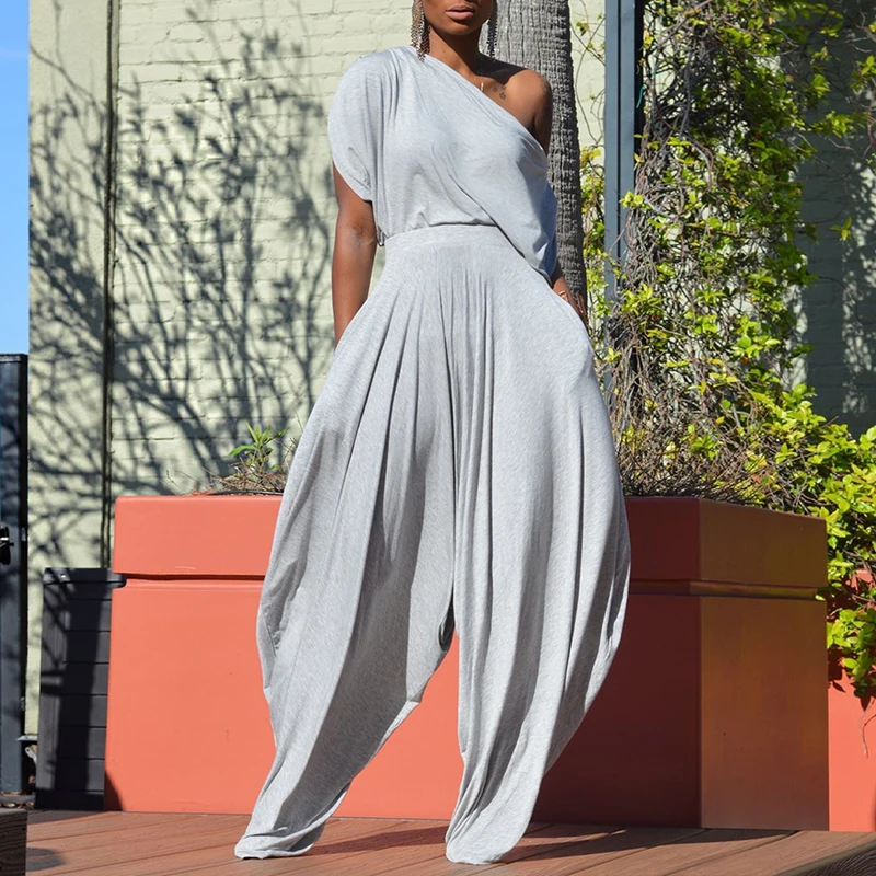 BKLD Women's Commuting Street Fashion 2-Piece Outfit Diagonal Collar Short Sleeve Irregular T-shirt+Harem Pants Casual Loose Set