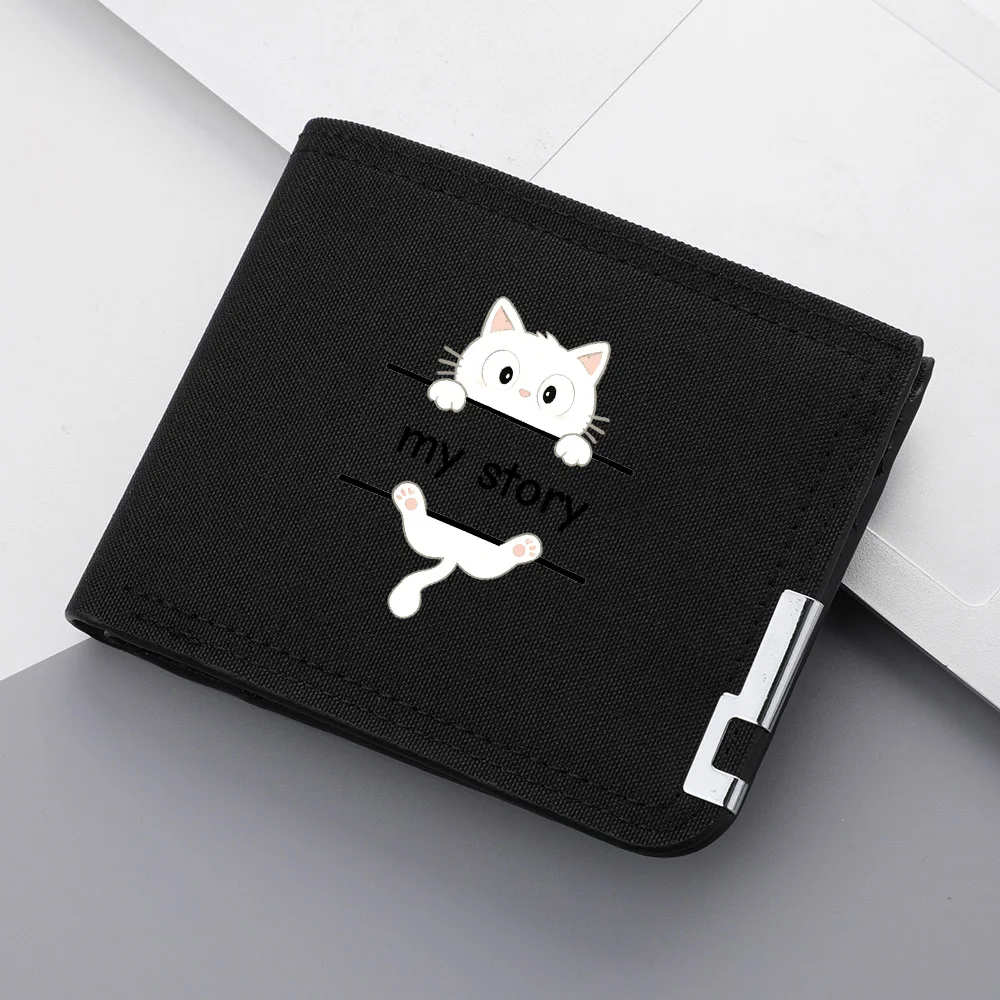 Cute Kaka Apology Cat Print Canvas Double-Pocket Compact Multi-Card Slot Wallet for Portability