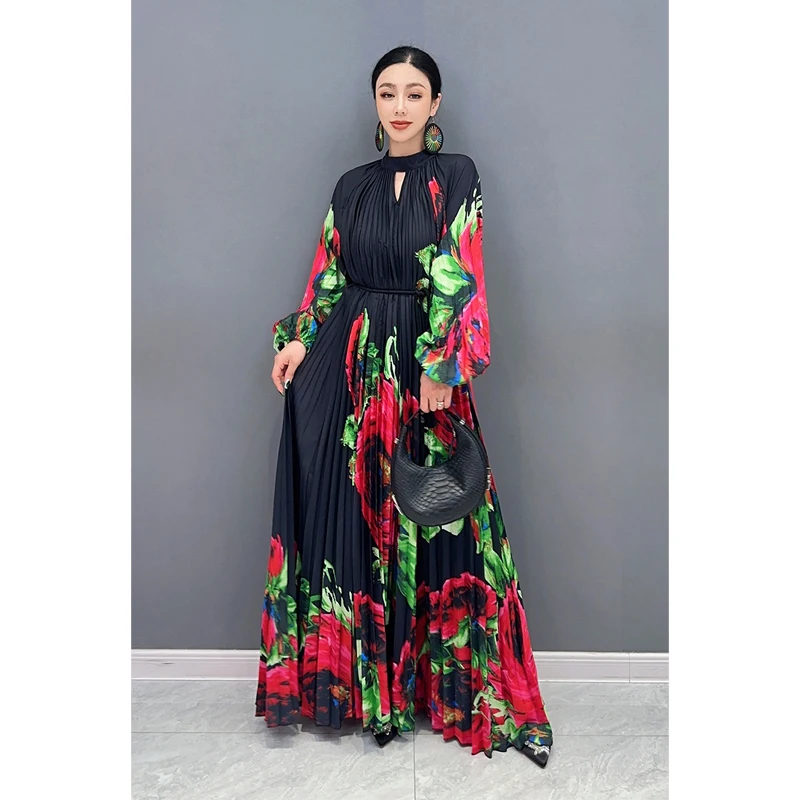 2025 frühling Herbst Plissee Kleid Frauen Schwarz Weiß Lange Ärmel Großen Saum Chiffon Druck Mode Elegante Frauen Kleid WXY 003