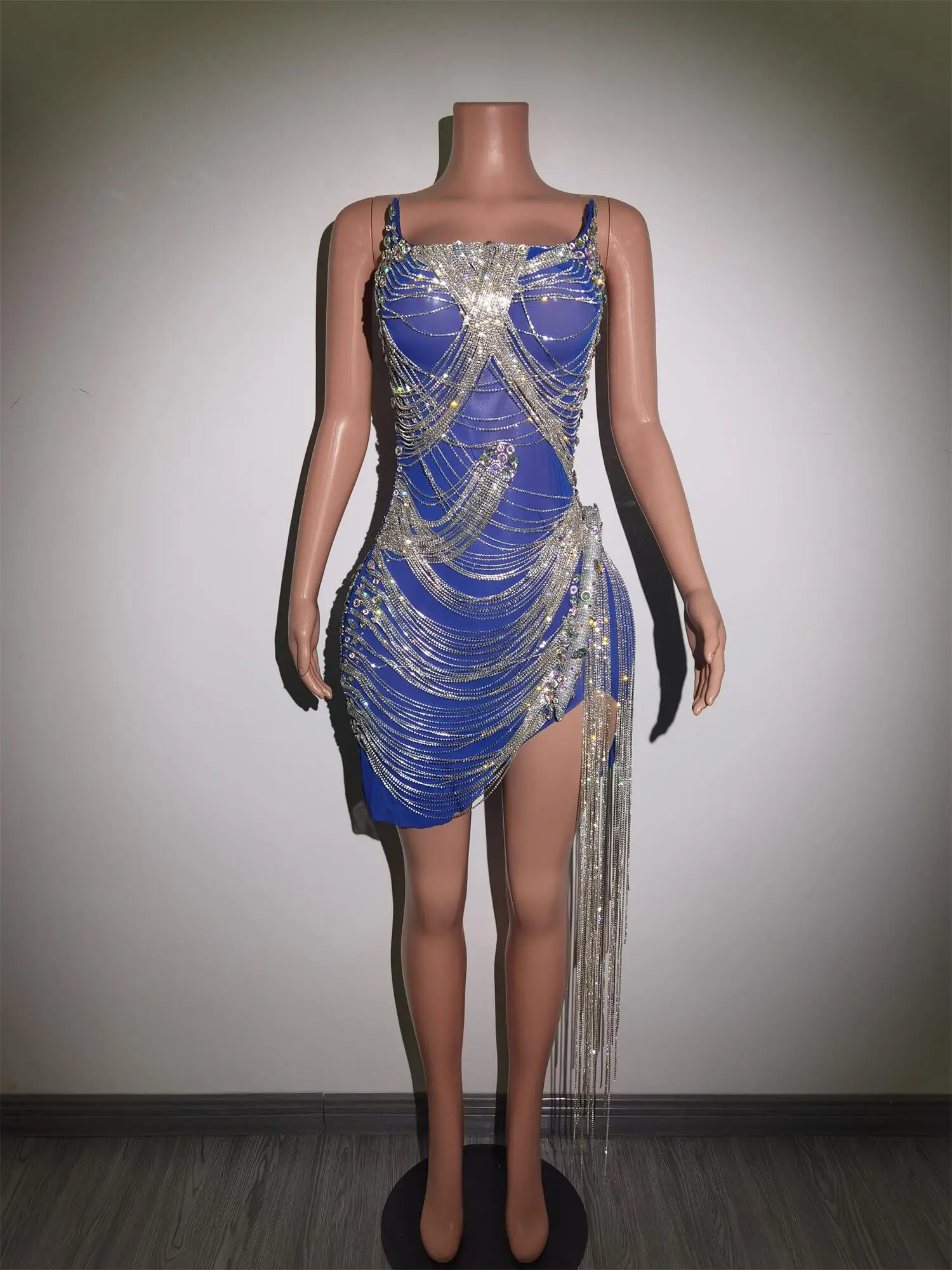 Robe CitroEquiFringes Argentée avec Strass, Robe Transparente Bleue, Tenue de Danseuse de Soirée, Costume d'Anniversaire, Luoli