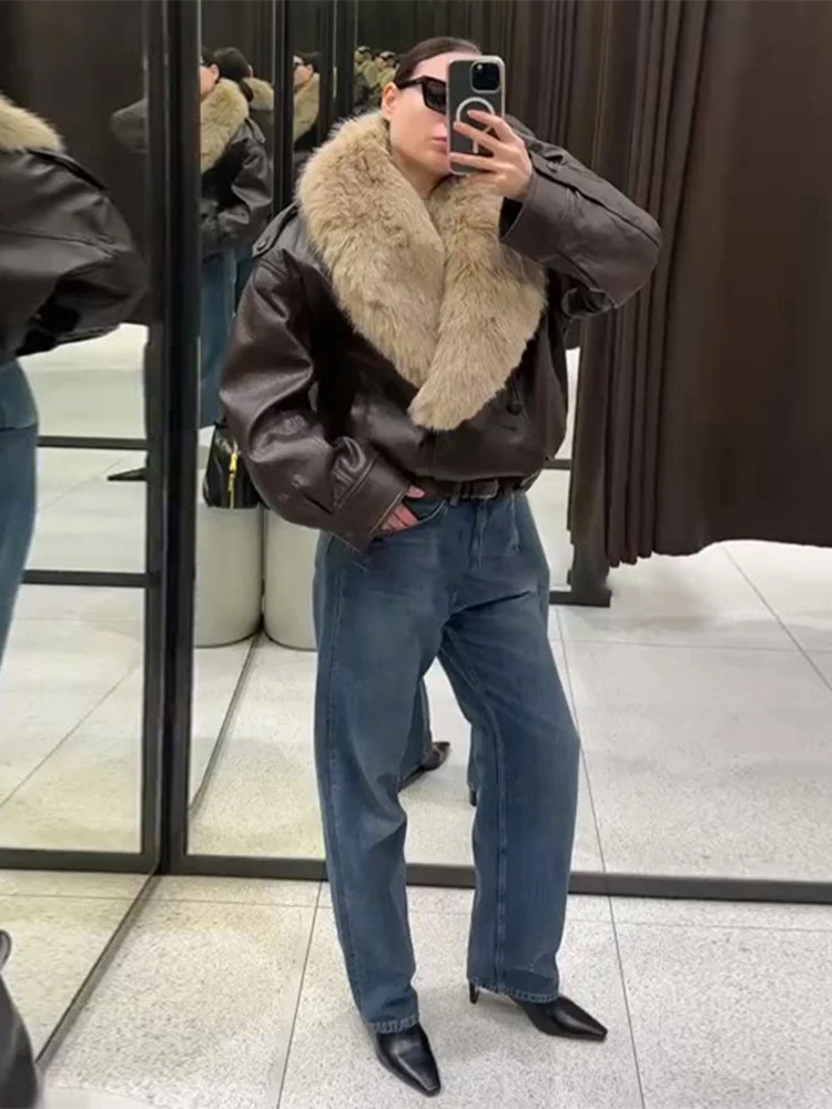Fashion PU Leather Short Jacket Women Fur Collar Contrast Double-breasted Warm Coat Female 2025 Autu