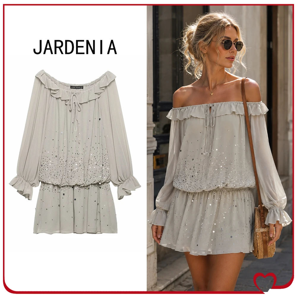 Fabulous Women Georgette Shimmer Ruffle Short Dress Elegant Fashion Gray Long Sleeves Mini Dress with Elastic Cuffs and Appliqué
