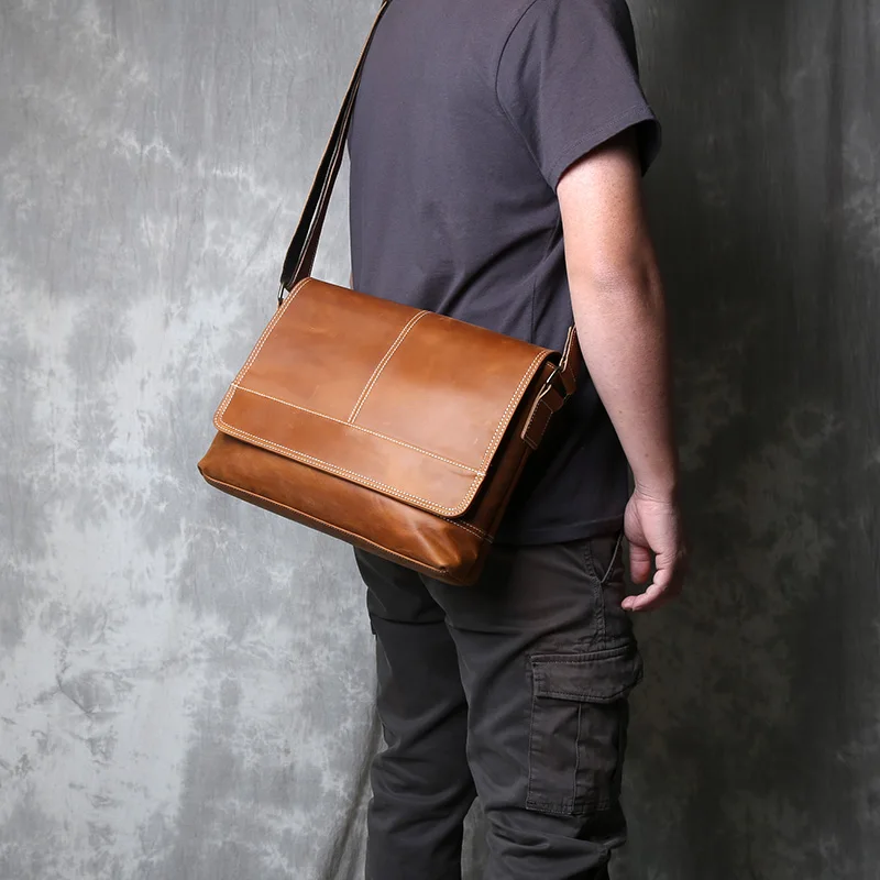 Retro Genuine Leather One-shoulder Backpack Men Crazy Horse Leather Horizontal Style Large Capacity Casual Messenger Bag