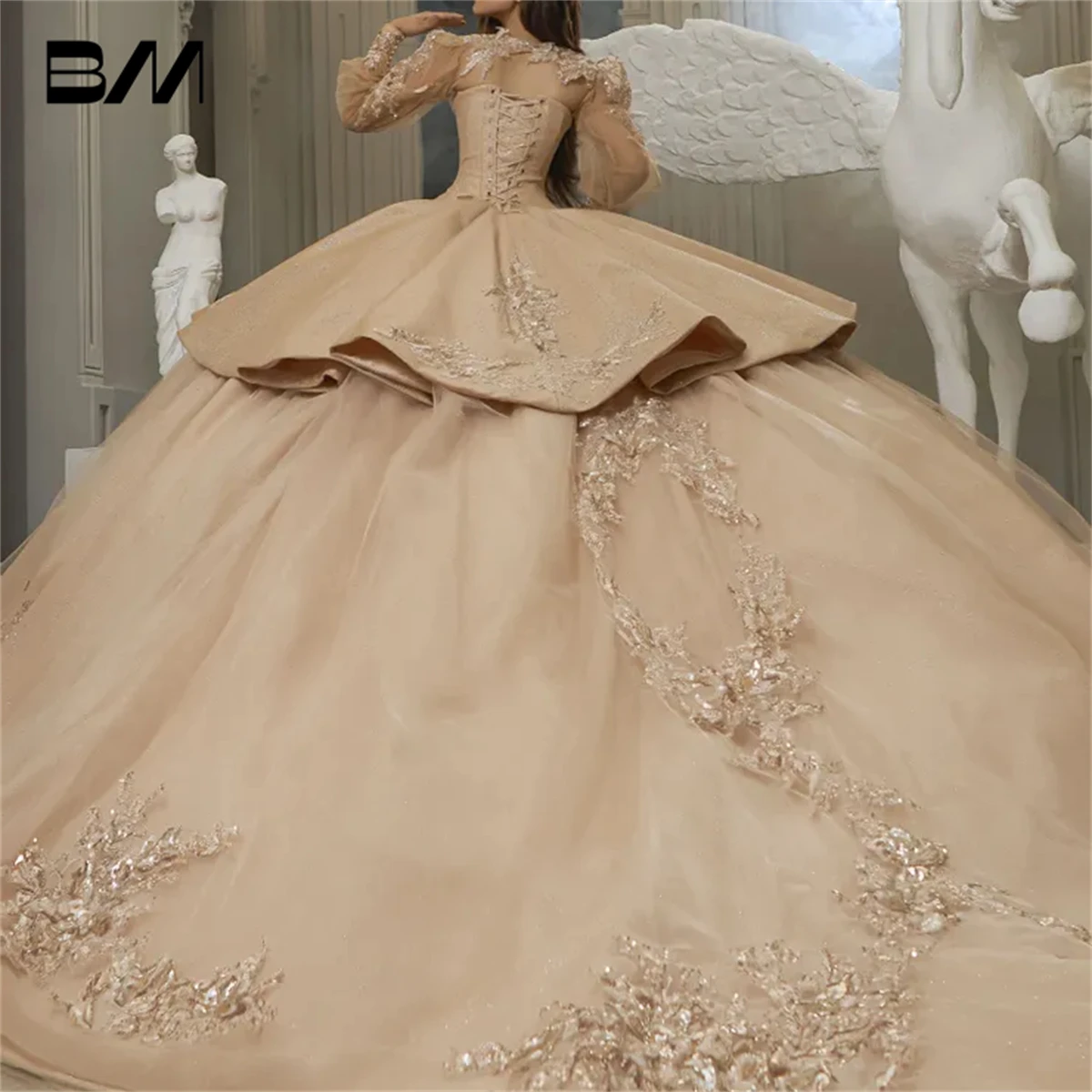 Princess Ball Gown Quinceanera Dresses with Flower Lace Appliques Full Sleeves Tulle Sweet 15 16 Dresses Custom Make