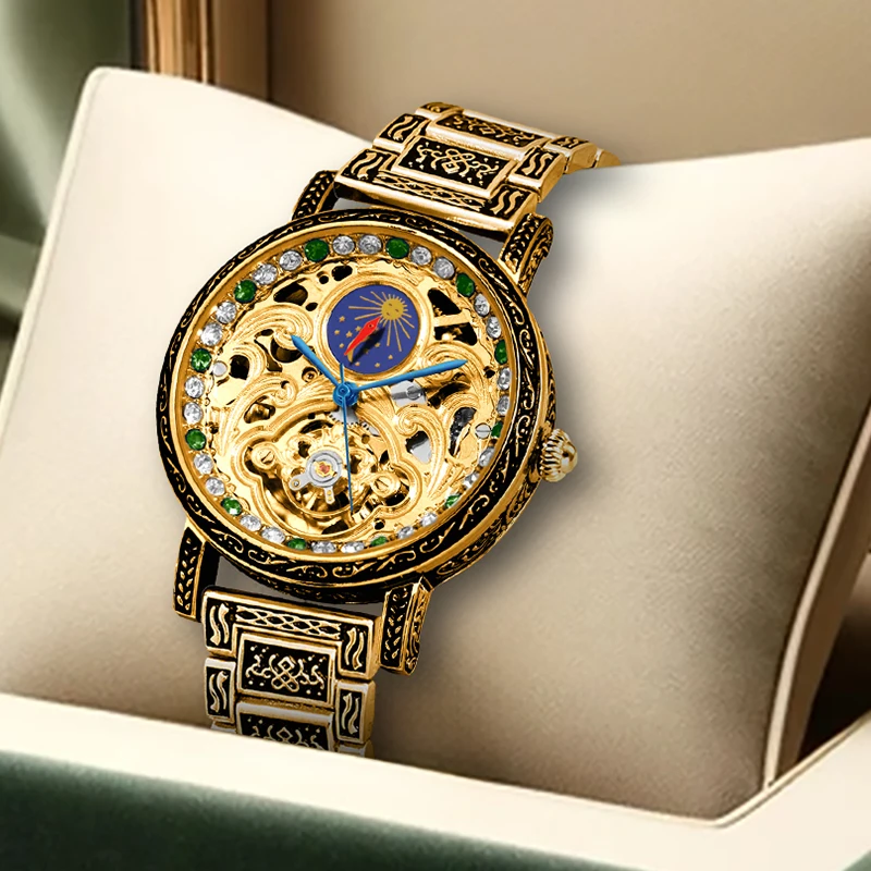 

Мужские повседневные нишевые часы в деловом стиле с механическим ремешком из нержавеющей стали с гравировкой золотого и зеленого солнца и луны