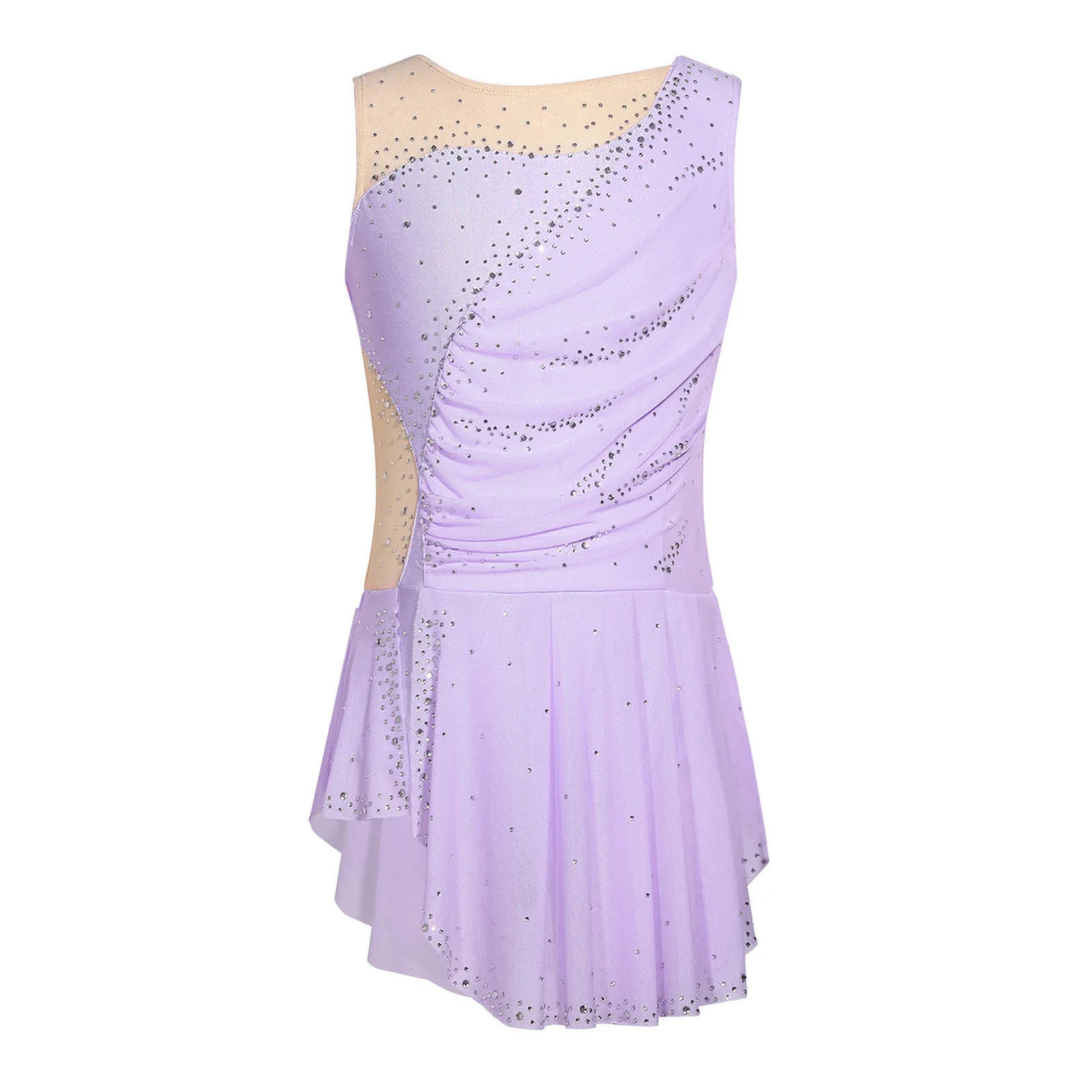 Kinder Mädchen Gymnastik Eiskunstlauf Ballett Tanzkostüm Funkelnde Strasssteine Gerafftes Netzkleid mit Seitenschlitz und Eingebautem Slip – Detail 6