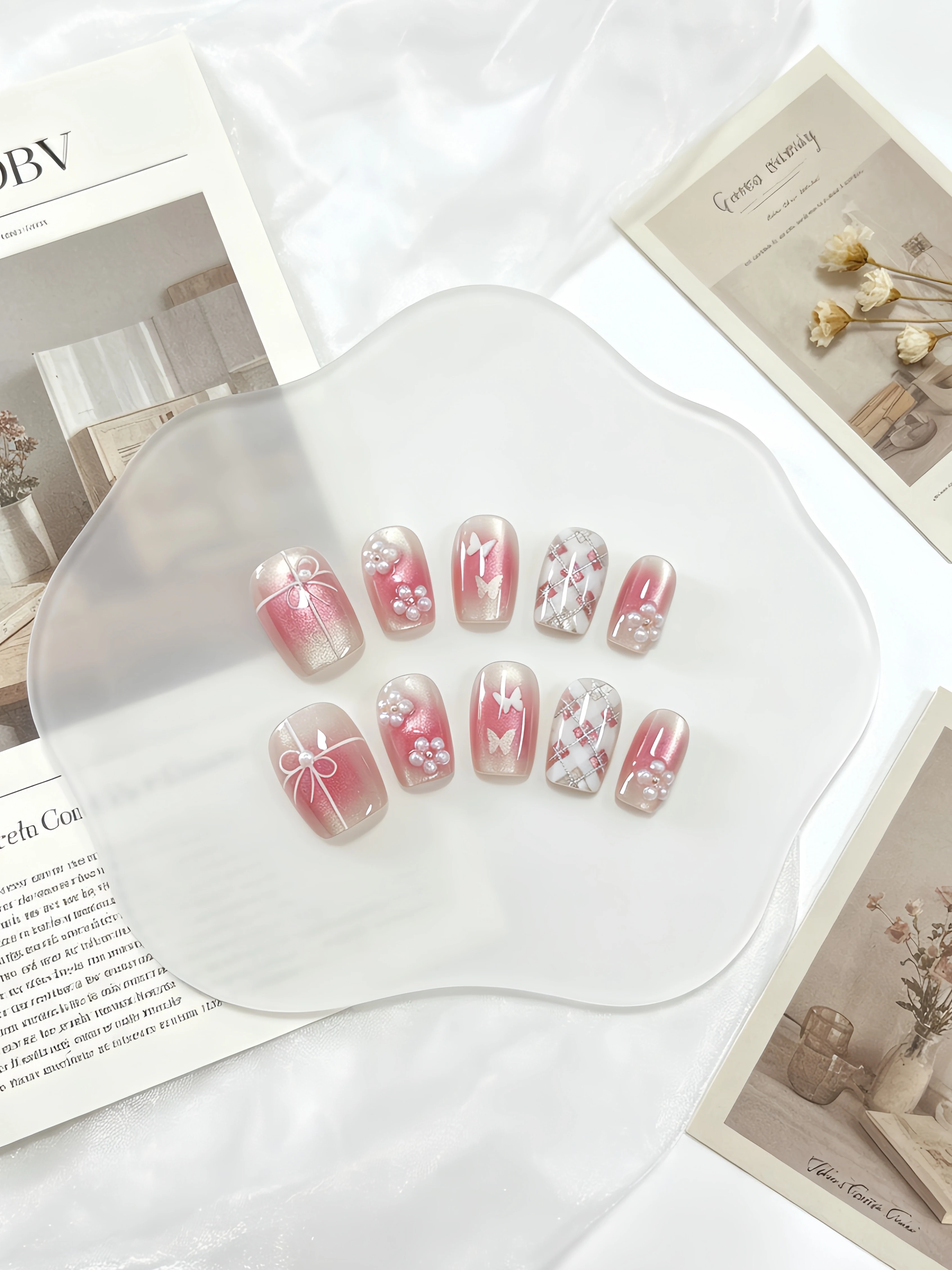Luxury Lifestyle Resorts - เล็บปลอมทรงสี่เหลี่ยมขนาดเล็ก 10 ชิ้น สีดำ สีม่วง สีชมพูนู้ด
