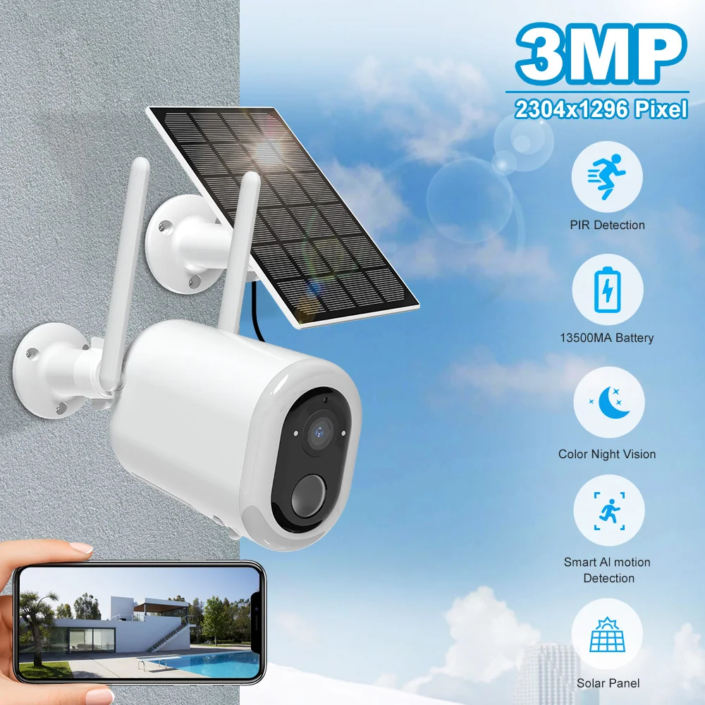 Solar Outdoor WIFI Surveillance Camera 3MP Battery Security Cameras Wireless Outdoors Floodlight Camera with 800 lumen LED light