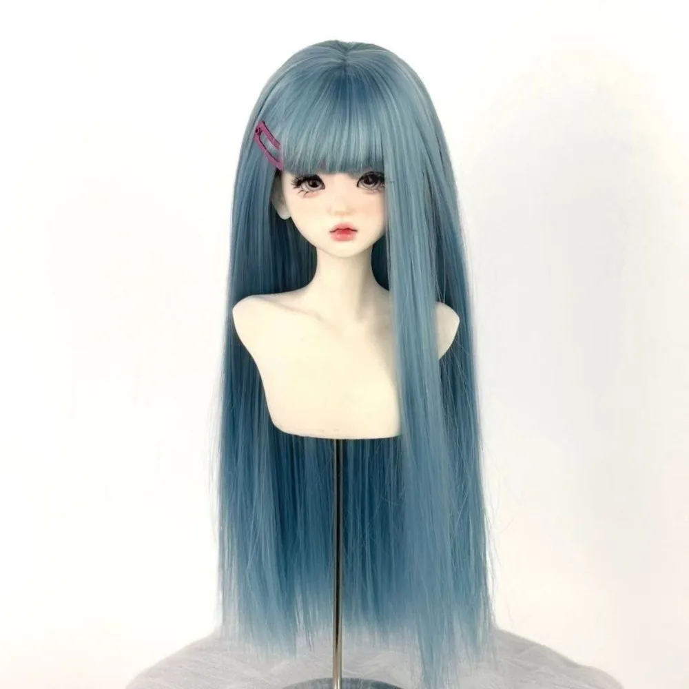 BJD Doll Wig 3/4/6 Split Multiple Colors Flat Bangs Long Straight Hair DIY Doll Dress Up Toy with Soft Silk Top Hair Cover