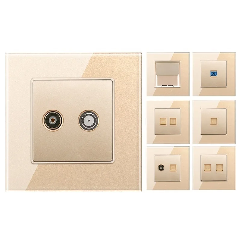 

British Standard Gold Glass UK Standard CAT6 TEL Double Computer TV Computer Fiber Wiring Outlets High Quality