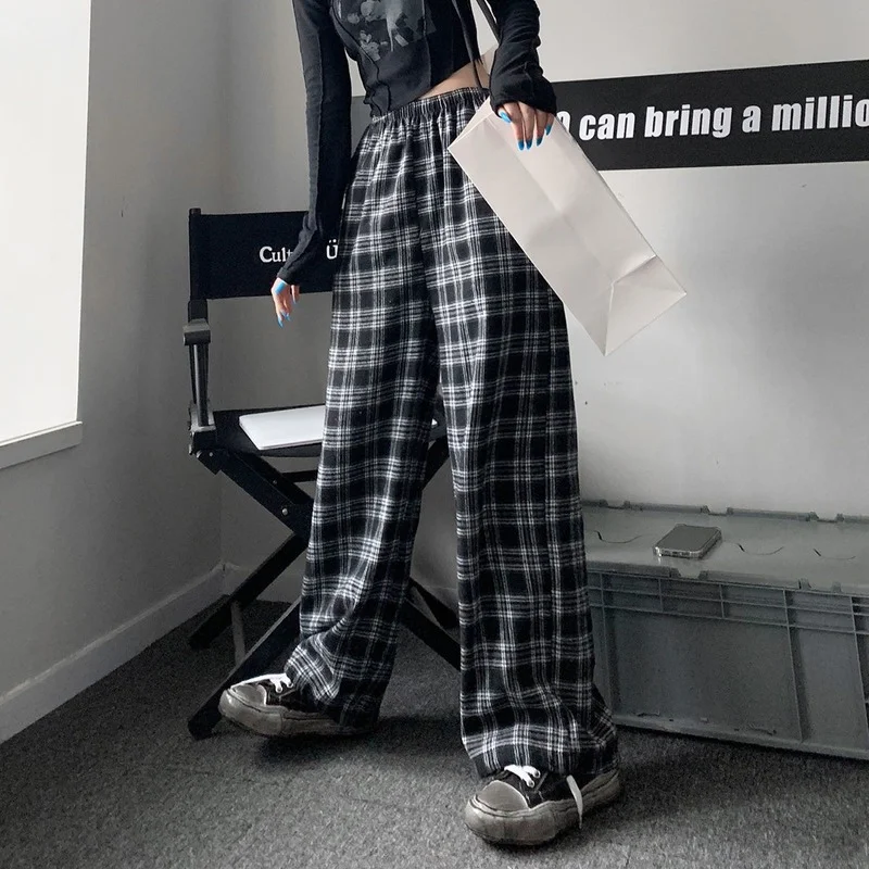 Harajuku High Waisted Plaid Pants Women Korean Style Oversized Wide Checkered Trousers For Female Drawstring Sweatpants