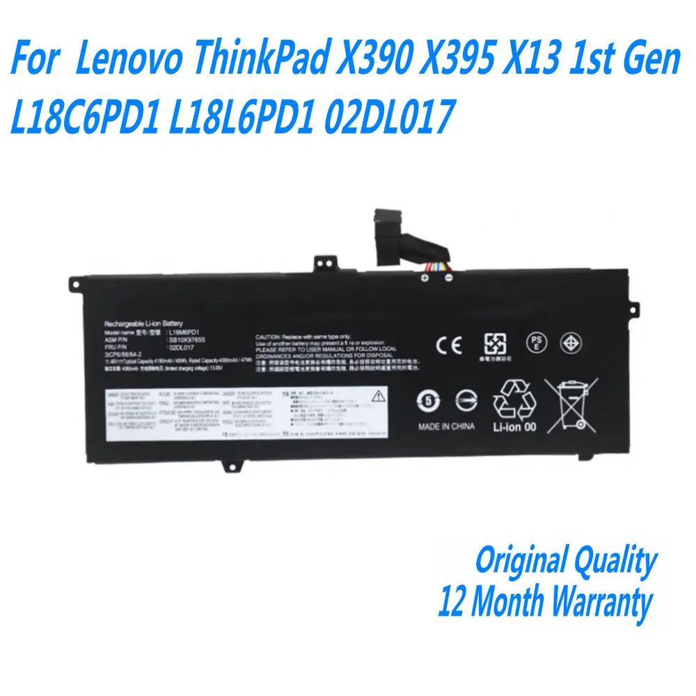 

New L18M6PD1 Laptop Battery For Lenovo ThinkPad X390 X395 X13 1st Gen L18C6PD1 L18L6PD1 02DL017 SB10K97655 02DL018 48WH