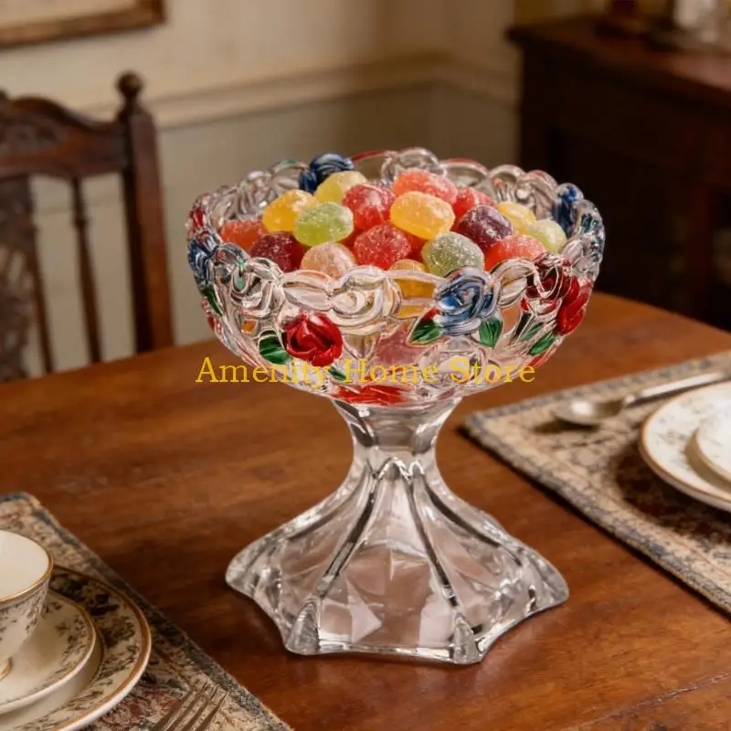 F26C Creative Clear Glass Nut Bucket Tray With Embossed Floral Detailing And Stable Base For Elegant Setting