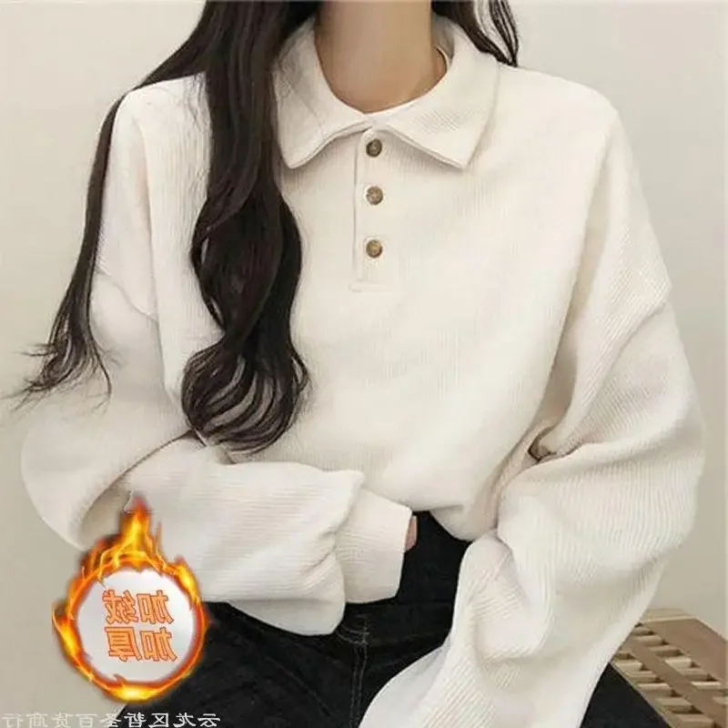 Preppy Style T-Shirt Women Autumn Winter Polo Callor Tshirt Lady Korean Fashion Long Sleeve Pullovers Tops Casual Soft Plush Top