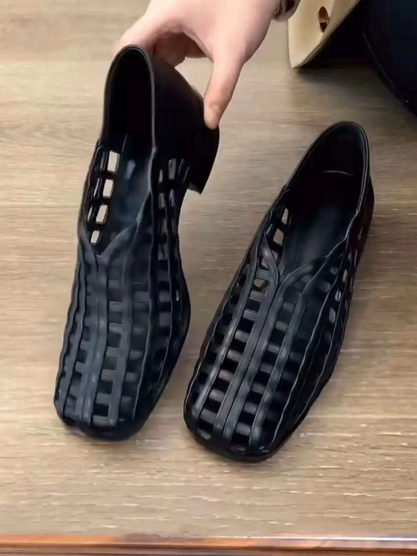 Elegant Black Square Mid Heels Sandals Chic Hollow Out Fishnet Loafers Slip on Comfy Walking Women's Shoes