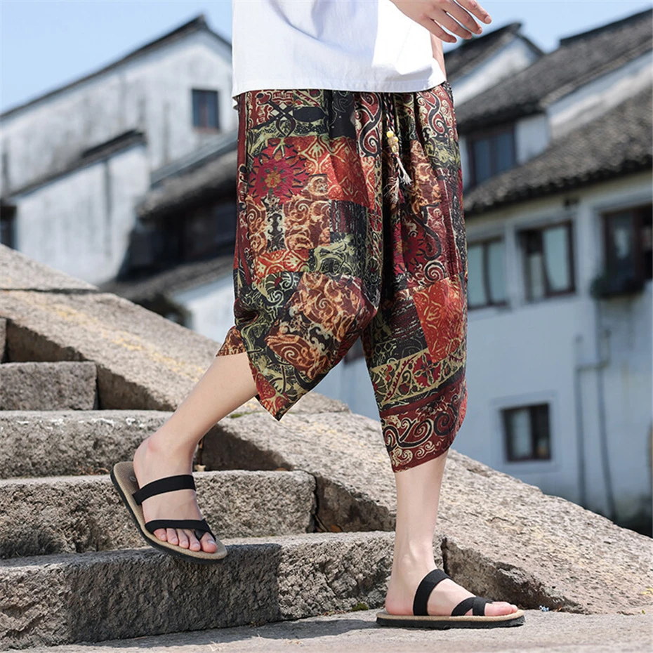 Large Size Harem Shorts Mens Summer Thin Vintage Print Casual Trousers Men Harajuku Chinese Style Baggy Calf Length Pants Male