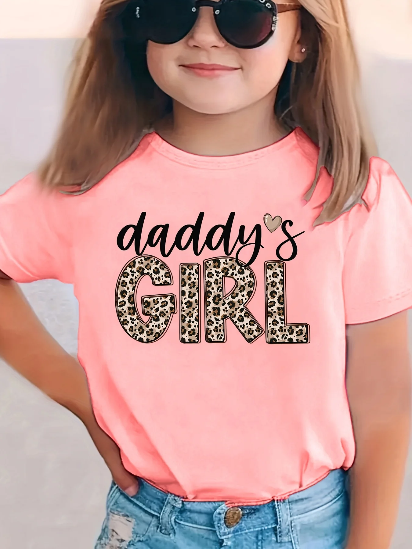 Girls Tee Daddys Girl Leopard Pattern Letter With Small Heart Print Short Sleeve Soft Cotton Kid Sweet Casual Daily Wear T Shirt