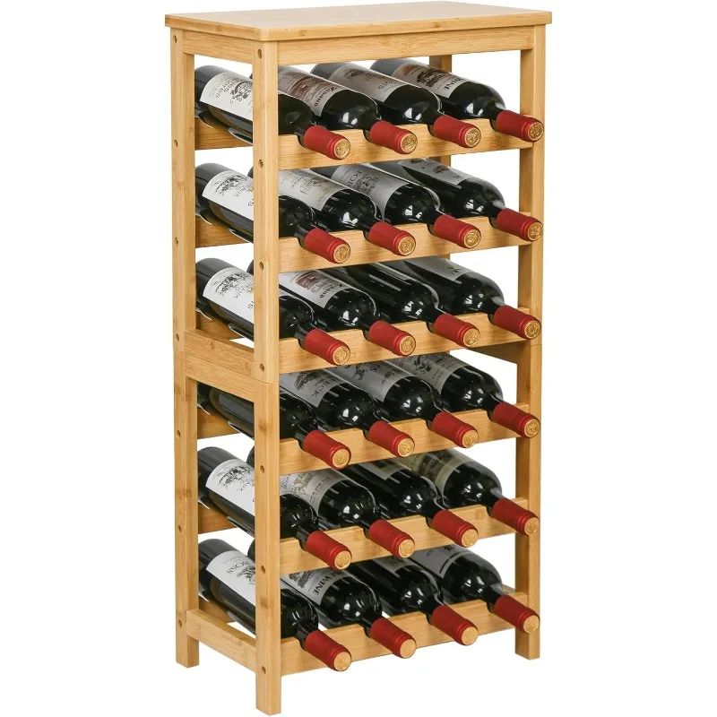 Wine Rack Free Standing Floor, 6-Tier Display Wine Storage Shelves with Table Top, 24-Bottle Bamboo Wine Rack Shelf