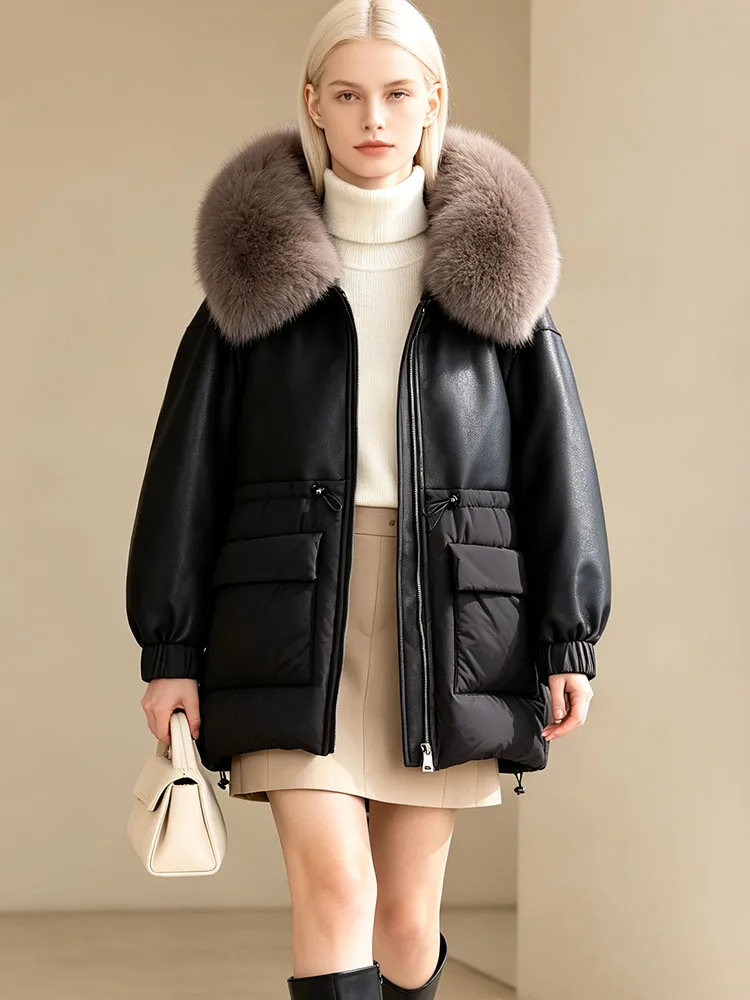 Removable Large Real Fox Fur Collar Hooded Winter Warm Down Jacket Mid Length Loose Puffer Coat Composite PU Spliced Down Parka