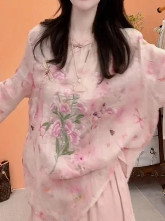 New Chinese Sle Embroidered Cotton Linen Women's irt Summer 2025 Loose Fit Printed Top Zen Tea Costume Fem  Silk