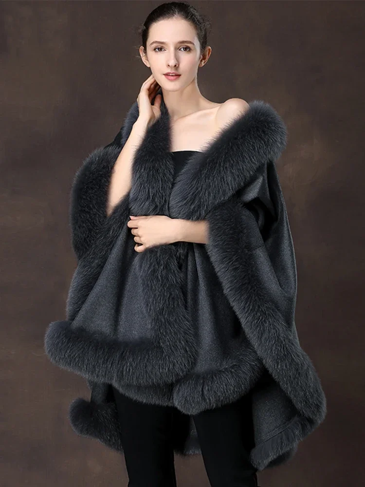 Fox fur large shawl autumn and winter coat women's wool cloak warm cashmere coat cape