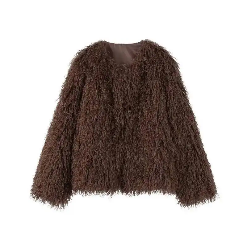 FANAN Fashion Brown Faux Fur Coat Women's Round Neck Loose Long Sleeves Thick Plush Short Jacket Streetwear 2025 Winter New