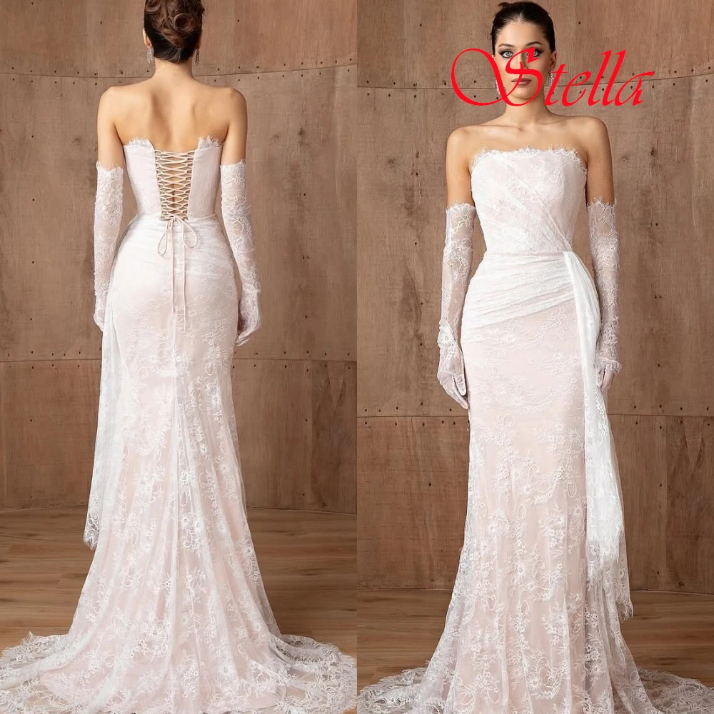 Personalizado requintado sem alças manga destacável 3/4 mangas vestido de noite delicado branco vestidos de baile luxo rendas vestidos de festa