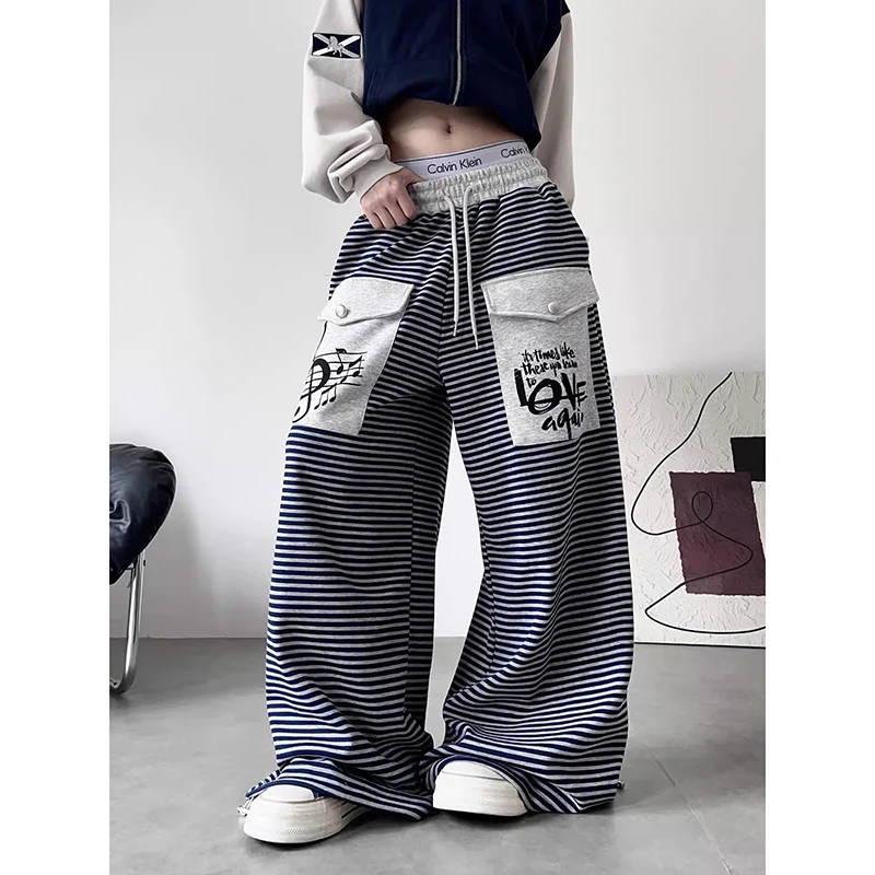 ZHIZOU Women's Blue Baggy Wide Leg Sweatpants Oversize Stripes Pants Harajuku Japanese 2000s Style Vintage Y2k Dance Trousers